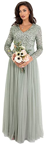 Robe De Soirée Longue Manches Longues Col en V Décolleté Plongeant Orné de Paillettes Robe Mariage Femme Invitée Promo, Lys Vert, 34
