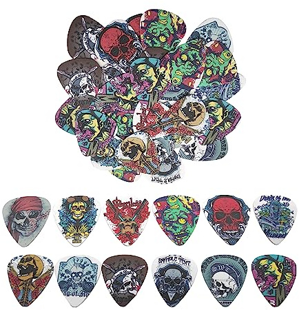 duoyif Plettri Elettrici 30 Pezzi - 0.46mm, 0.71mm, 0.96mm - Punk Rock, Skull Design - Per Chitarra Elettrica, Acustica e Ukulele