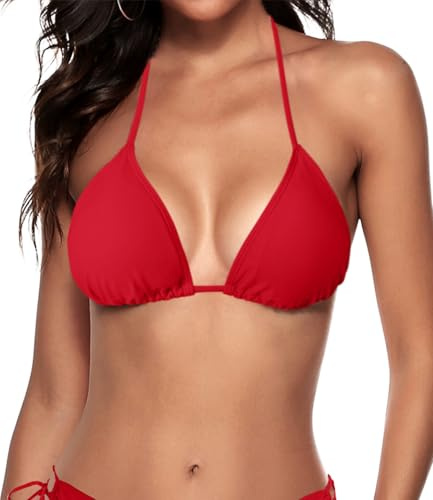 Zonsaoja Women Triangle String Halter Padded Tie Swim Bikini Top Red S
