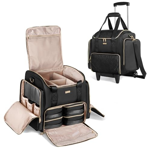 Prokva Rolling Makeup Bag with 4 Individual Cases, Professional Makeup Case with Wheels, Makeup Artist Travel Bag, Black