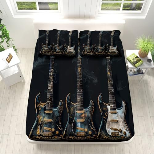 Retro Abstrakte Gitarre Design Spannbettlaken 140x200cm Weiche Mikrofaser Boxspringbett Bettlaken, Schwarz Unterseite Spannbetttuch, Rund-um Elastischem Gummizug, für Matratzen von 5-30 cm