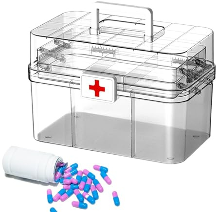 Boîte de rangement pour médicaments – Armoire à pharmacie familiale, organiseur de médicaments anti-poussière | Boîte à 3 couches avec poignée, boîte à médicaments médicale portable avec boucle pour