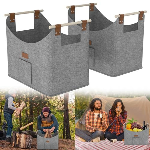 ACXIN Vedkorg 2 st träkorg för vedkorg 40 kg lastkapacitet filtkorg, träväska för kaminträ, vikbar och bärbar med handtag – 50 x 32 x 40 cm, grå