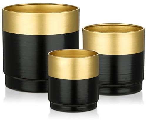 Oairse 3PCS Plant Pots Outdoor Galvanised Planter Zinc Plant Pot Black Gold Metal Plant Pots Vintage Round Bucket Flower Pot Rustic Container for Plant Decorative Home Modern Farmhouse Indoor