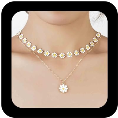 Cimenexe Collier Tournesol en Or Marguerite Émail Blanc Bohème Petit Pendentif Bijoux Pour Femmes