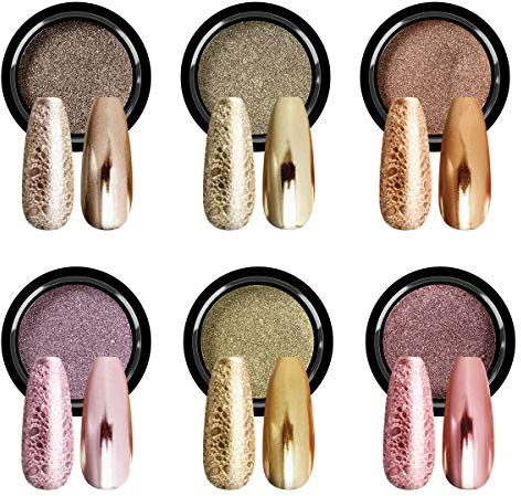 SAVILAND Juego de 6 polvos cromados para uñas, color dorado metalizado, efecto espejo, pigmento holográfico, polvo de cromo para uñas de gel, manicura, polvo brillante para decoración de uñas