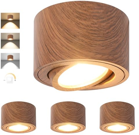 GeyouLux Focos LED Interior Techo Regulable 5W Ø80x50mm Orientable Focos Techo 3000K/4000K/6500K 500LM Lampara Focos Techo Superficie 230V Aluminio Madera Oscura Redondo Focos LED Techo 4 piezas
