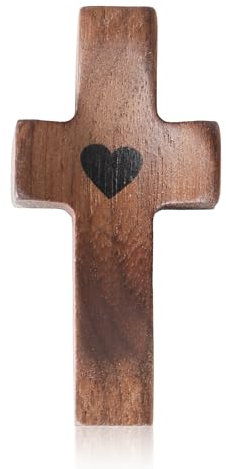 NOEMIN Handheld Wooden Cross – Smooth Hand Held Jesus Crosses Wood with Heart Design Christian Gift for Comfort & Encouragement Finish Pocket Cross for Prayer Meditation