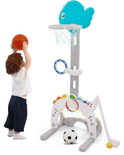 EULEUY 5IN1 Basketballkorb Kinder Höhenverstellbar 95-135cm, Basketball Korb Outdoor&Indoor Kinder.Spielzeug Ab 3 Jahren,Mini Basketballkorb.Outdoor Kinder Mit Fußballtor,Golf,Wurfspiel Und Ringwurf.