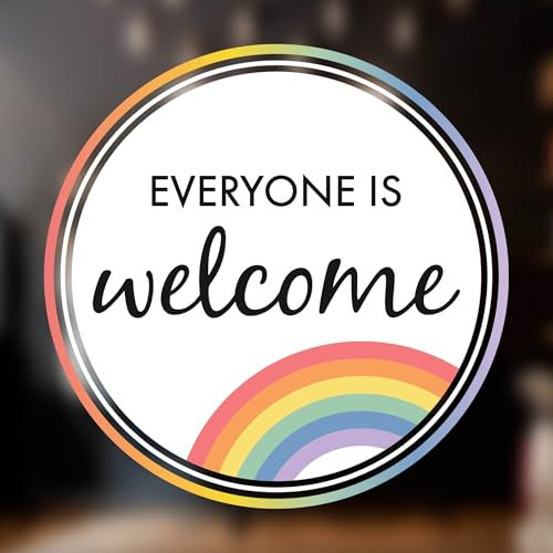 Everyone is Welcome Here Sign | 12cm x 12cm Pride Window Sticker Rainbow Vinyl for Shops and Bars | Stick Inside to Display Outside