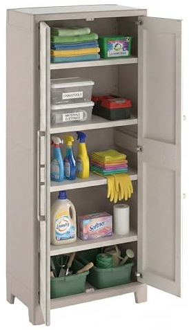 Dmora - Armadio da Esterno Grimsby, Mobile Outdoor, Mobiletto Giardino multiuso, Contenitore per balcone o Garage, Made in Italy, 80x44 h182 cm, Sabbia