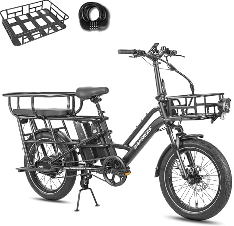 Fafrees FF20 CUV Bicicleta Eléctrica de Carga 20 Pulgadas, Carga 200kg, 2 baterías 12Ah 576Wh, 75N.m, Frenos Hidráulicos, Fatbike Eléctrica para Adultos (Portaequipajes + Sillita Infantil, Negro)
