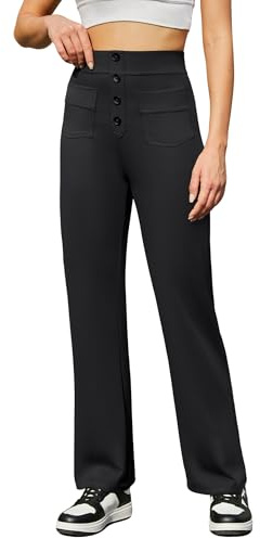 Friptspyg Pantalon Femme Taille Haute Droit Élastique à Poches et Boutons Pantalon Sport et Détente Femme, Noir XL