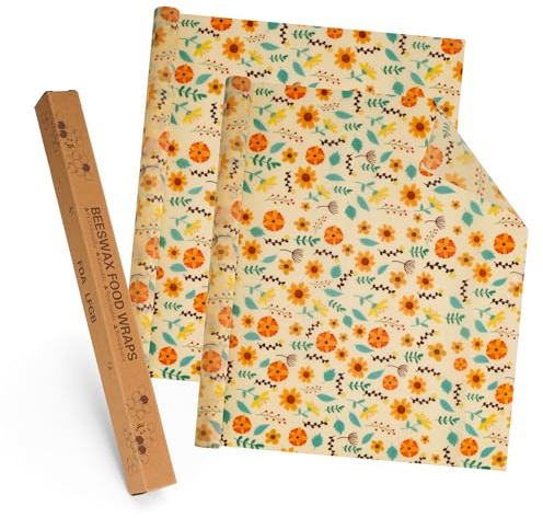 WeeGoo 2 rotoli di carta in cera d'api per alimenti, 100 x 33 cm, panni in cera d'api giallo girasole, cotone biologico, fogli di carta per formaggio, frutta, pane, snack e biscotti