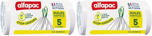 alfapac - 25 sacs-poubelle 5L à lien coulissant stop-odeurs aux huiles essentielles - fabriqués en France (Lot de 2)