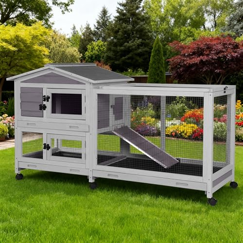Large Rabbit Hutch Indoor, Bunny Cage Outdoor with Chew-Proof Ramp, 2-Story Guinea Pig Cages with 6 Wheels, 3 Pull-Out Trays, Waterproof Asphalt Roof, 62 L - Grey