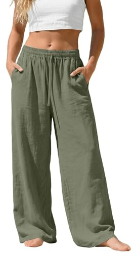 Generico Pantaloni Lino Donna Larghi Pantalone Leggeri Comodi Elegante Casual Gamba Larga Pantaloni Ampi da Spiaggia con Elastica in Vita e Tasca Traspiranti Yoga Jogging Pants Tinta Unita