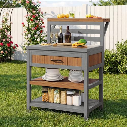BTM Outdoor Storage Cabinet with Worktop and Drawer Potting Bench with Shelves Tilt-proof Garden Kitchen BBQ Station