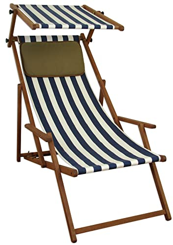 Erst-Holz Liegestuhl blau-weiß Buche dunkel Gartenliege Strandstuhl Sonnendach Kissen klappbar 10-317SKD