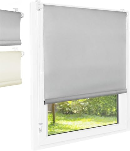 FOXX Thermo Rollo [FÜR Fenster OHNE Bohren] 120x140 cm Grau/Innenrollo Verdunklungsrollo als Sichtschutz/Klemmfix Montage/Für Schlafzimmer, Wohnzimmer, Küche, Büro, Kinderzimmer