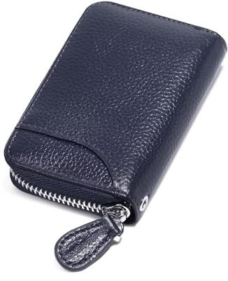 Womens Credit Card Holder Wallet Zip Leather Card Case RFID Blocking Ladies Small Blocked Accordion Wallets with Stainless Steel Zipper Woman Compact Accordian ID Cards Bag mini Cases Deep Blue