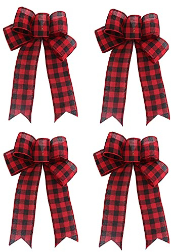HJHIWE Lot de 12 nœuds de Noël à carreaux de buffle, 24,9 x 19,1 cm, couronne de Noël en ruban vichy pour décoration de sapin de Noël à suspendre pour loisirs créatifs, Écossais Rouge