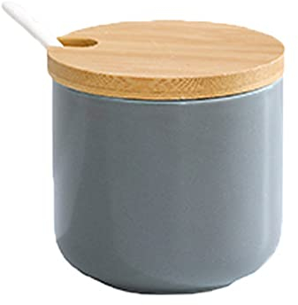 OnePine 260ml Céramique Sucrier Rond Seasoning Containers Pot à épices Sel Spice Jar Condiments boîte avec Cuillère et Couverture de Bambou