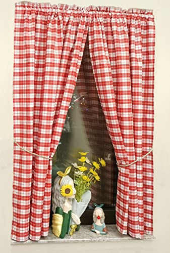 Yaland - Cortinas opacas con patrón a cuadros, cortinas para casa de campo, juego de 2 unidades, 100 x 80 cm, con lazos para atar, cordón y cinta fruncida, para salón, color rojo