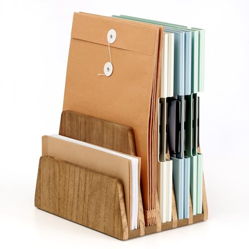 KIRIGEN Dokumentenhalter Holz, 5 Fächer Schreibtisch-Organizer aus Paulownia-Holz, 2,5 cm Fachabstand, Briefsortierer für Post, Hefte, dünne Mappen und Broschüren, Dunkelbraun, 19 x 25,2 x 18 cm