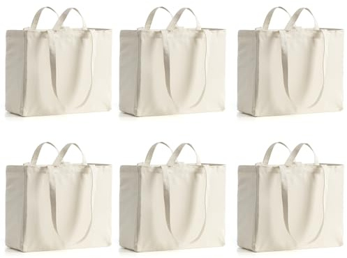 LINICE Canvas Tote Bag Reusable Grocery Bags with Long Shoulder Strap and Short Handle Foldable Heavy Duty Washable (6 Pack)