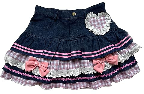 Preppy Lolita Kawaii-kjolar, söta minikjolar för kvinnor, söt balklänning, jeanskjol, Y2K, hög midja, spets, tårtkjol, Svart, L
