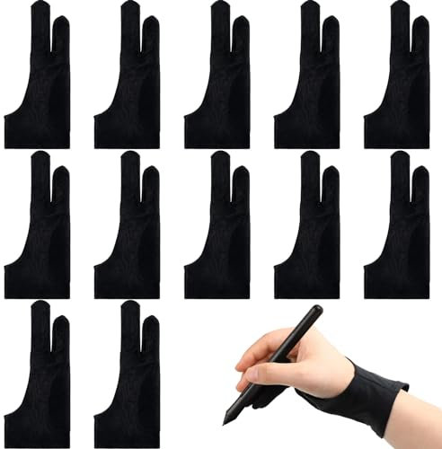Silipull 12 Pcs Drawing Glove Artist Glove for Drawing Tablet Two Fingers for Left Right Hand Digital Art Stylus for Paper Sketching,Ipad,Monitor Painting, Black, Medium