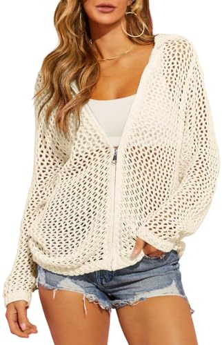 Saodimallsu Womens Crochet Lightweight Cardigans Zip Up Hooded Long Sleeve Knit Sweaters Mesh Beach Swim Cover Up Beige