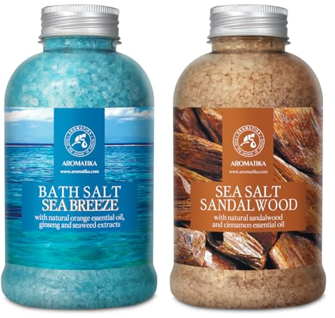 Badesalz Set Meeresbrise & Sandelholz 2х600g - Natürlichem Ätherischen Orangenöl - Calendula-Extrakt - Meersalz mit Natürlichen Sandelholz und Zimtöl - Aromatherapie - Körperpflege - Entspannung