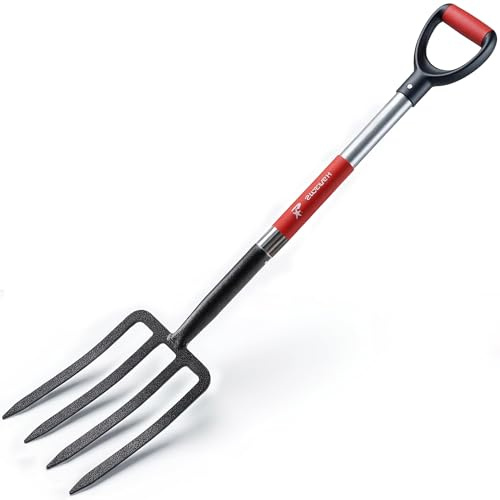 BIHOMIFI Grävspade gaffel smidd stål med D-grepp handtag 41 tum premium 4-stift spadning grävgaffel robust metall D-grepp mångsidig praktiskt taget okrossbart trädgårdsverktyg