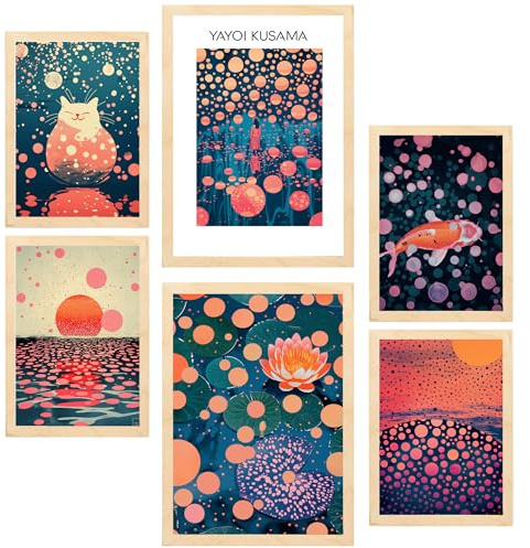 Nacnic Set de 6 yayoi kusama sunset water blue orange red purple colors janapise Cuadros con ilustración de diseño para decorar las paredes del hogar. Habitación, oficina. A3 y A4. Marco madera clara