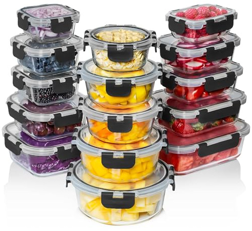 Razab 30 PC Glass Food Storage Containers with Lids - Reusable Glass Meal Prep Containers for Lunch and Leftovers - Airtight & Leakproof Snap Locking Lids - Oven, Freezer, Microwave, Dishwasher Safe
