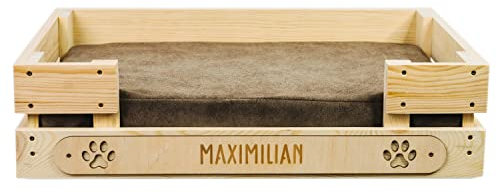 LAUBLUST Katzenbett mit Namen Personalisiert - Pfoten und Name Gravur - Katzensofa für große & kleine Katzen | Sofa Couch für Katze - Schlafplatz Liegebrett aus Holz mit Kissen | ca. 60x40x15cm, braun