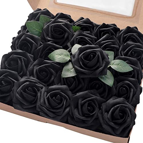 Nvzi 50 st konstgjorda rosblommor, svarta falska rosor för dekoration, äkta utseende skumros bulk med stam gör-det-själv bröllopsbuketter möhippa blomsterarrangemang mors dag fest heminredning