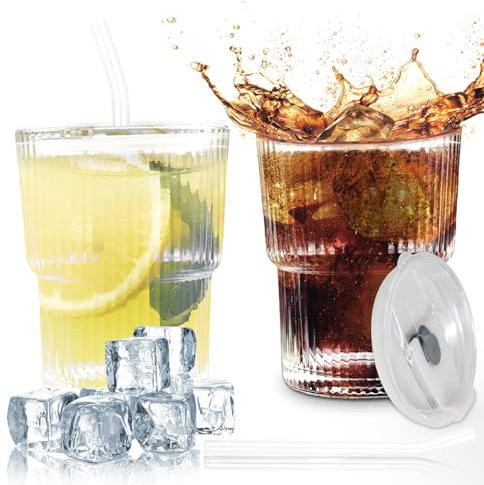 Fosoloni 2 Stück Glasbecher mit Deckel und Strohhalm 400ml, Geriffelte Glasbecher, Eiskaffee Gläser,Kaffeegläser Cappuccino Tassen, Glas Teegläser mit Trinkhalm, Luftdicht Wasserdicht Trinkgläser Tee