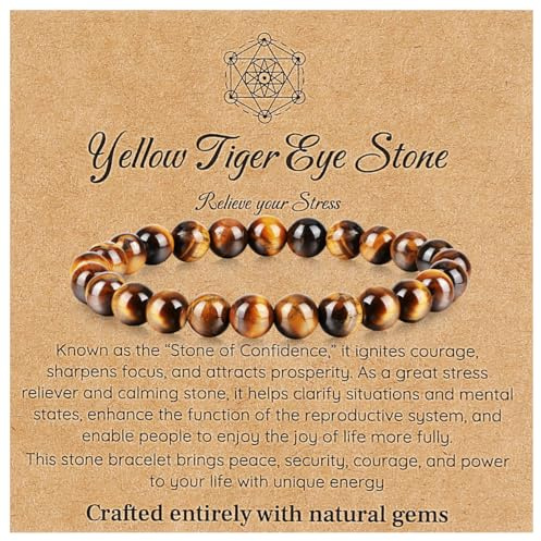 Emibele Tigers Eye Bracelet for Men, Natural Crystal Chakra Bracelet for Positive Energy Ease Anxiety, Spiritual Crystal Jewelry 8mm Round Bead Protection Stones Jewelry Gifts for Women Men, Yellow