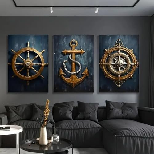 Set di 3 quadri su tela Poster retrò astratto tema nautico bronzo timone ancora bussola costiera blu scuro parete arte stampe regalo camera da letto Soggiorno Dormitorio Galleria Corridoio Decor Immag