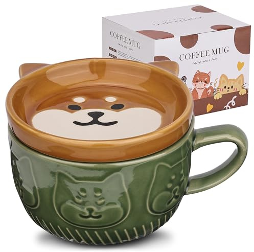 Beyinli Linda taza de café de perro de cerámica con tapa,Taza de café o taza de té para los amantes de los perros,Divertida novedad perro desayuno tazas para mujeres amigos niños Navidad cumpleaños