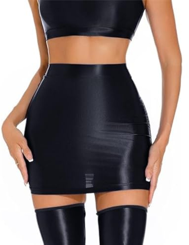 RuiChy Mini Jupes Brillantes pour Femmes, Jupe Crayon Taille Haute et Taille Brillante Sexy, Voir Travers des Jupes Courtes Hanche, Look Humide élastique, Jupe pour la boîte de Nuit fête soirée Rave
