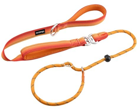 Arblina retrieverkoppel med dragstopp, retrieverkoppel för små/medel/stora hundar med dubbla handtag, träningshundkoppel med reflekterande, lead för hund, orange, 0,8 cm tjockt, 1,3 m lång