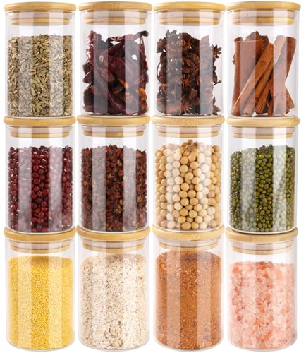 Otauoaea Botes Especias Cristal, 12x 250ml Tarros de Cristal con Tapa Hermética - Frascos Especiarias Spice Jars para Especias & Hierbas & Té - Aptos para Lavavajillas