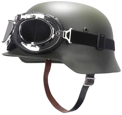 Casque en Acier WW2 M35 avec Lunettes - Réplique De Casque Militaire for Airsoft, Paintball, Collecte, Sangle Réglable, Doublure en Cuir(C)