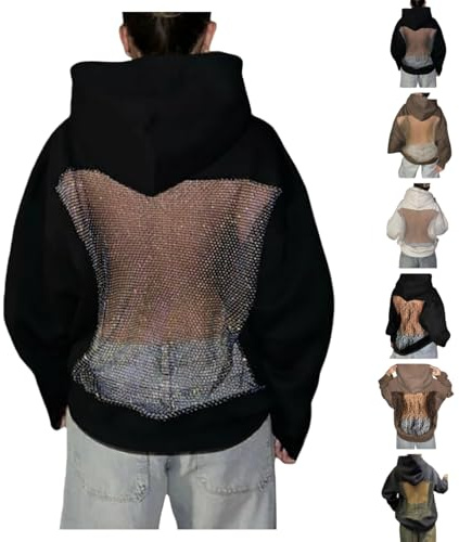 YGERGWE Sweat à capuche surdimensionné en maille dans le dos avec poches kangourou transparentes, pull ample à manches longues, pull léger dos nu uni pour femme, # 1-noir, S