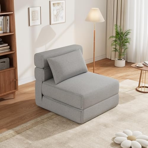 Garvee Silla Cama Convertible Moderna, Sofá Cama Plegable de Espuma Viscoelástica con Almohada Mejorada, Sofá de Suelo Sin Brazos para Salón y Dormitorio, 83×67×65 cm, Gris Claro
