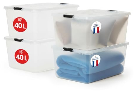 Iris Ohyama Scatole Portaoggetti in con Coperchio, 40L, Lotto di 4, Trasparente, Clip di Bloccaggio, Empilabile, Maniglia, Per Camera, Armadio, Ufficio, Organizzatore, Senza BPA, FTB-40